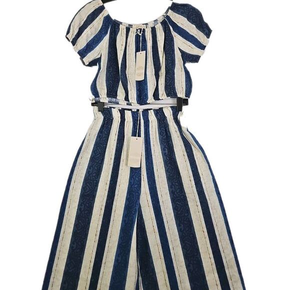 Bellambra~Woman S~Linen Blend Boho Top/Pants 2 Pc. Striped Italy Blue/Beige NWT. - Picture 3 of 16